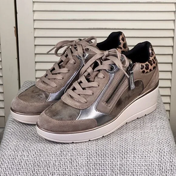 Geox Respira Ilde Dark Taupe Leopard Heeled Wedge Sneakers Italian Womens Size 9 - Picture 6 of 8